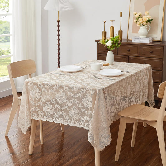 LinenZone Square Linen Tablecloth for Rustic Vintage Decor. Sheer Lace Table Cloth Works Great As Wedding Tablecloth or Thanksgiving Table Cover. (Mia TC 60 x 60, Linen)