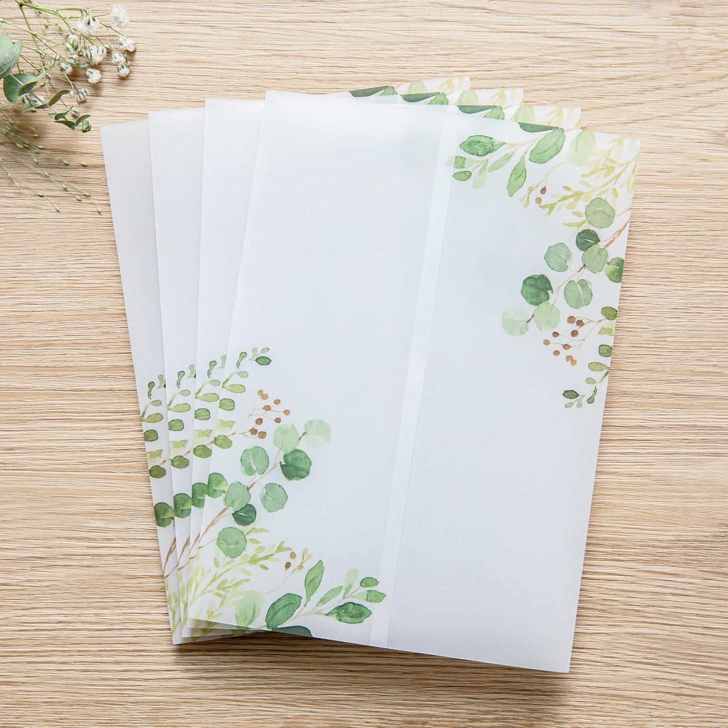 PONATIA 50 PCS Vellum Jackets for 5x7 Invitation Cards- 135GSM Green Eucalyptus Vellum Sleeves, Wedding Invitations Wraps Transparent Christmas Gift Cards Jackets