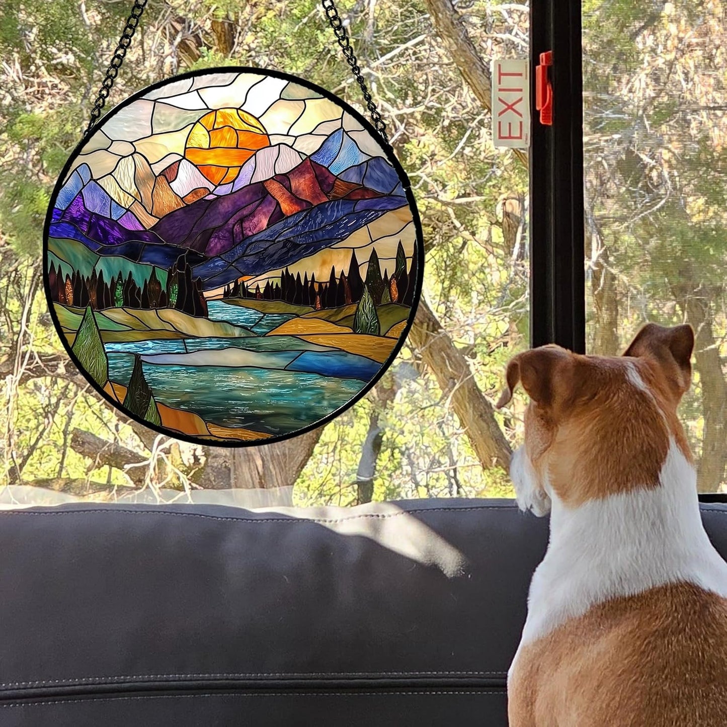 Stained Glass Window Hanging, Blue Lake Golden Sun Abstract Mountains Landscape Suncatcher for Doors Window Home Sun Catchers Decor Mother's Day Birthday Gifts for Women Men Mom 11.8 in