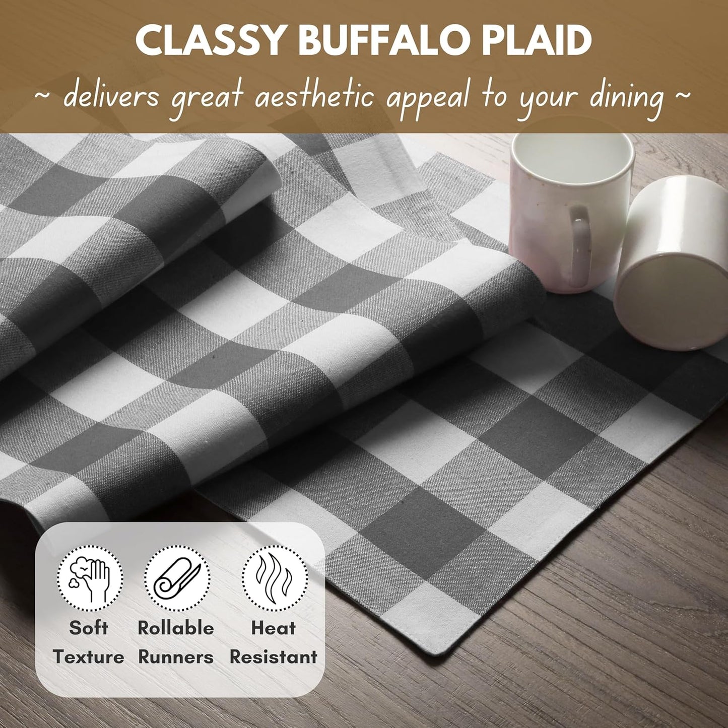 Native Fab Buffalo Checked Plaid Table Runner, 100% Cotton, 13x108 Inches, Rustic Farmhouse Kitchen and Dining Décor, Perfect for Fall, Winter, Weddings, Holiday Gatherings, Grey and White