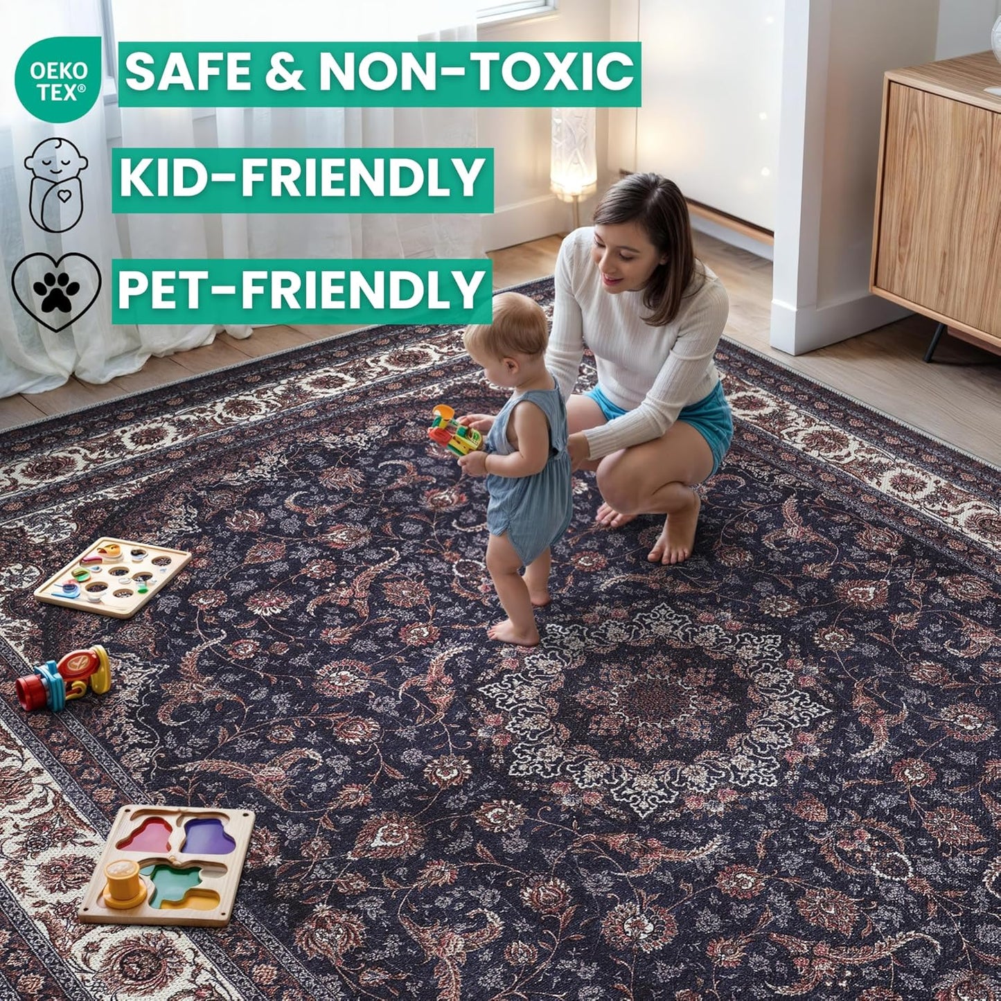 Bloom Rugs Washable Non-Slip 6' x 9' Rug - Navy Traditional Medallion Area Rug for Living Room, Bedroom, Dining Room, and Kitchen - Exact Size: 6' x 9'