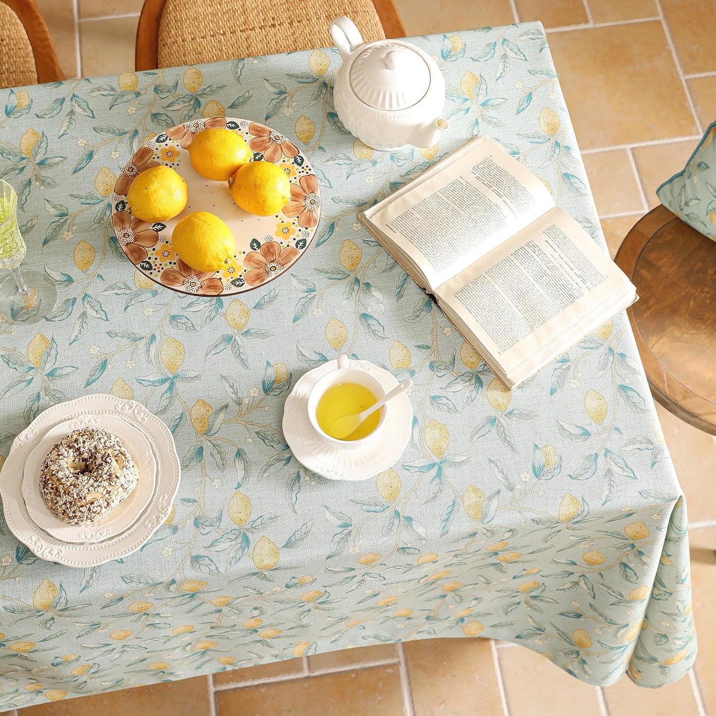 patdrea Designer Linen Green Tablecloth for Rectangle Table,Vintage Yellow Fruits Pattern Extra Long Table Cloth,Decoration Cover for Kitchen Dining,Christmas,Thanksgiving,Party,63"x110"-Ania a