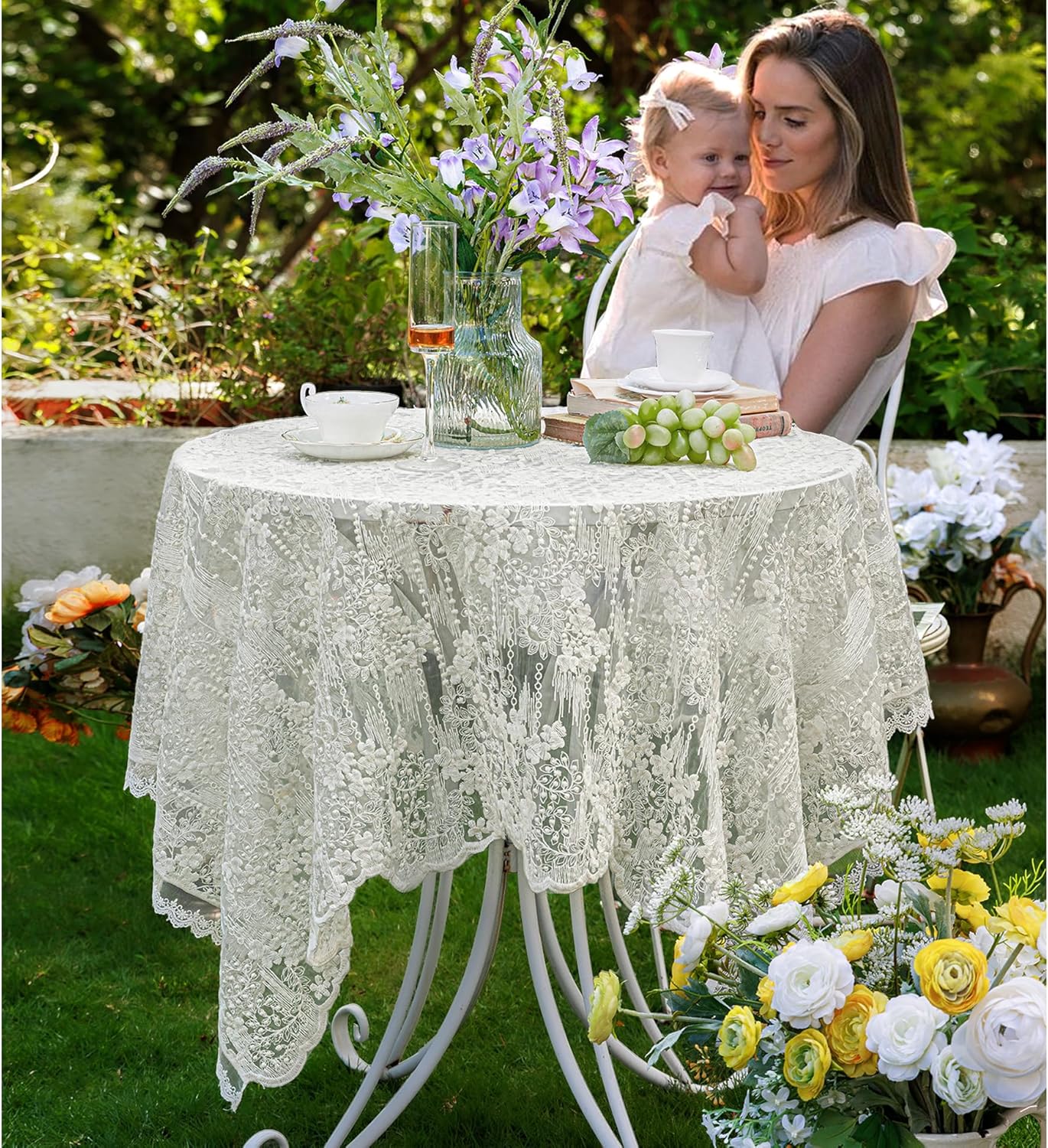 Lace Embroidered Tablecloth. Square Lace Vintage Tablecloth Dustproof Table Protector for Kitchen Dining Room Party Banquet Home Picnic Wedding Decoration (Creamy White 53×53 inch)