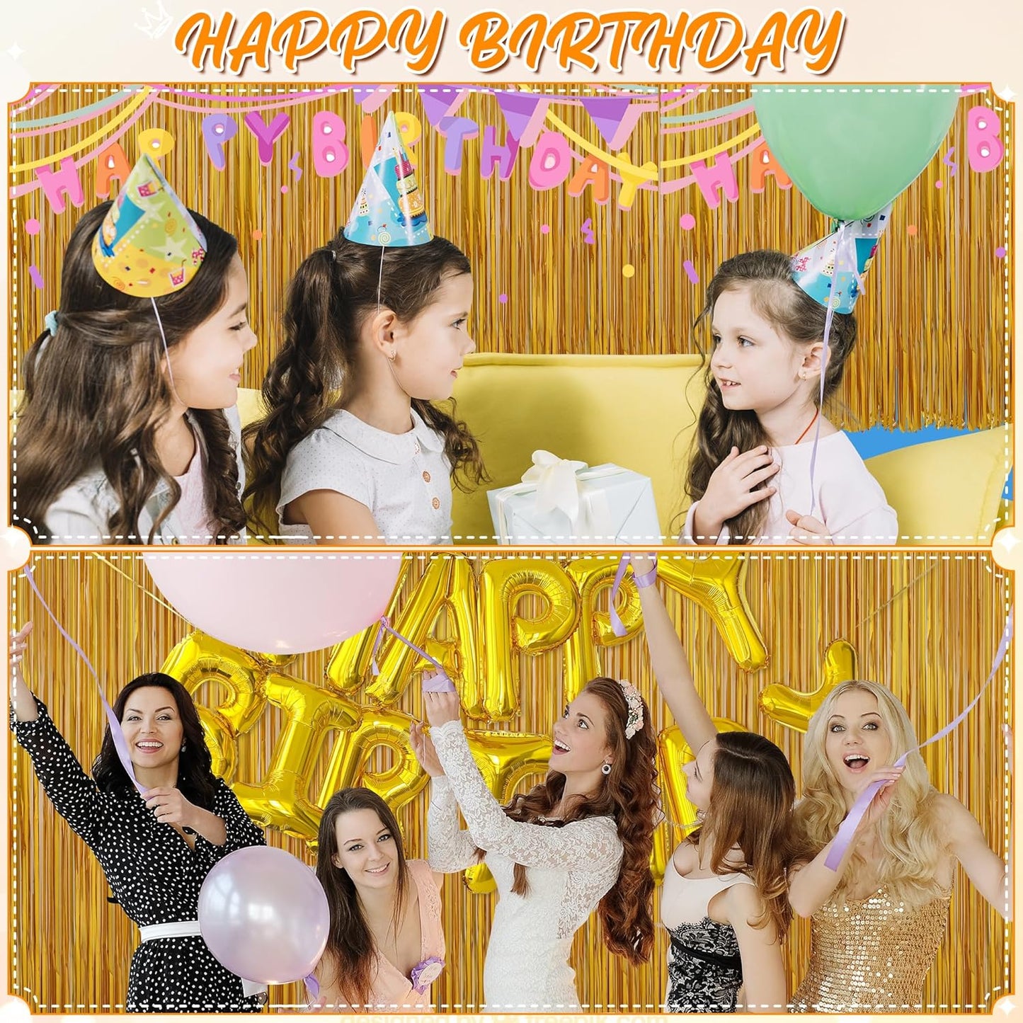 Crosize 4 Pack 3.3 x 8.2 ft Gold Foil Fringe Curtains Party Decorations, Gold Tinsel Curtain Backdrop for Parties, Door Streamers, Glitter Streamer Fringe Backdrop for Birthday Decoration