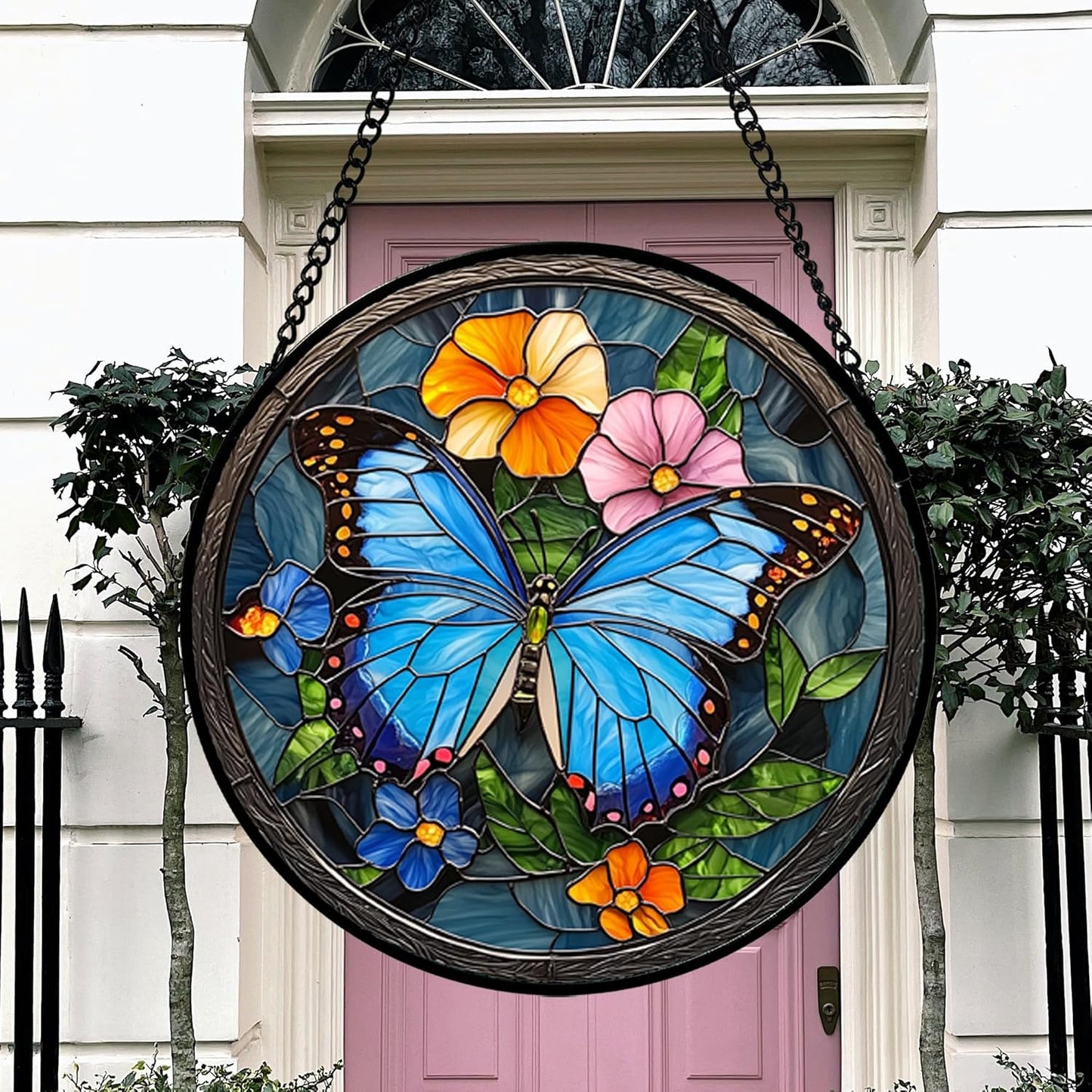 Stained Glass Window Hanging, Blue Butterfly Flower Suncatcher for Doors Home Sun Catchers Decoration and Christmas, Mother's Day Birthday Gifts for Women, Men, and Mom 6.3x6.3 in