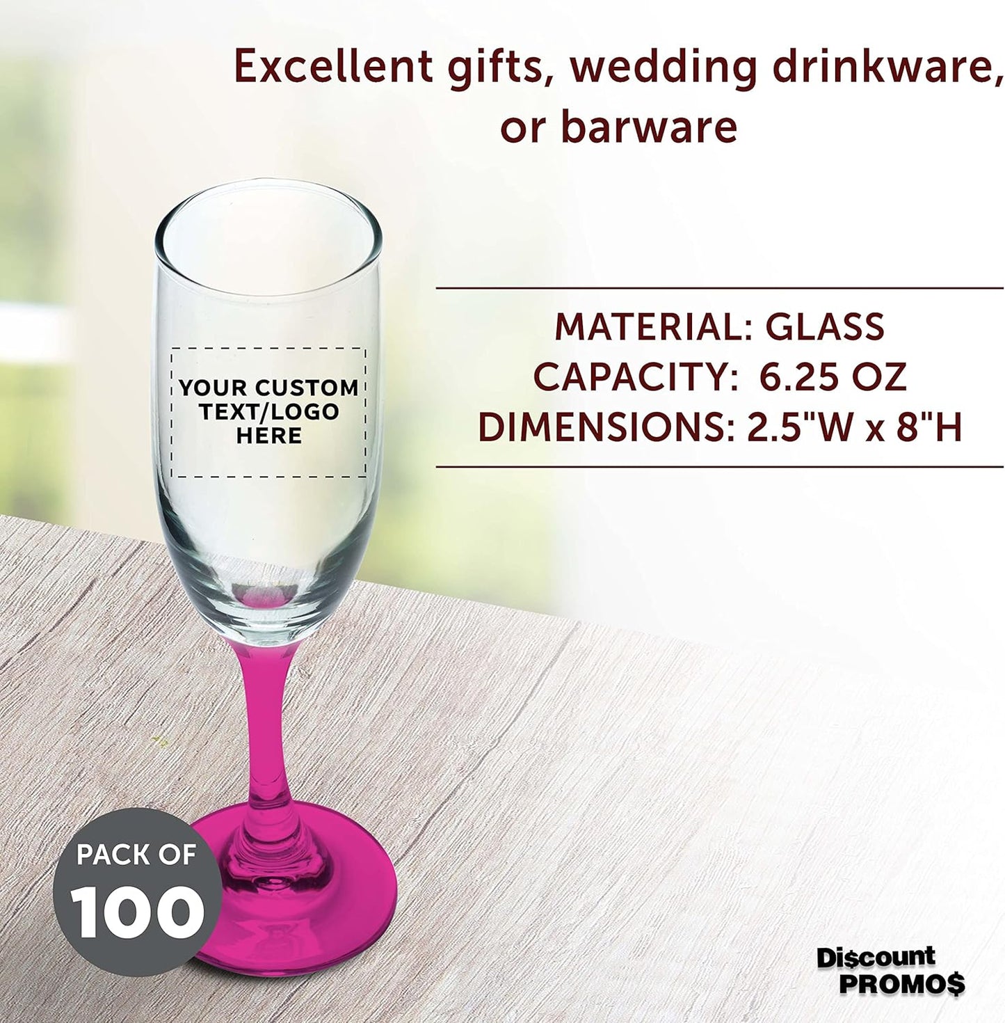 DISCOUNT PROMOS Custom Premiere Champagne Flutes 6.25 oz. Set of 100, Personalized Bulk Pack - Elegant Drinkware for Weddings, Events, & Promotional Gifts - Pink