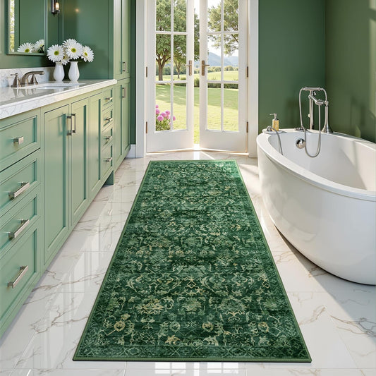 Dark Green 2x6 Runner Rug for Hallways Bed Side Kitchen, Boho Washable Distressed Low-Pile Floor Entryway Long Bathroom Mat, Non-Slip Laundry Room Washstand Front Carpet Green 24x72 Inch
