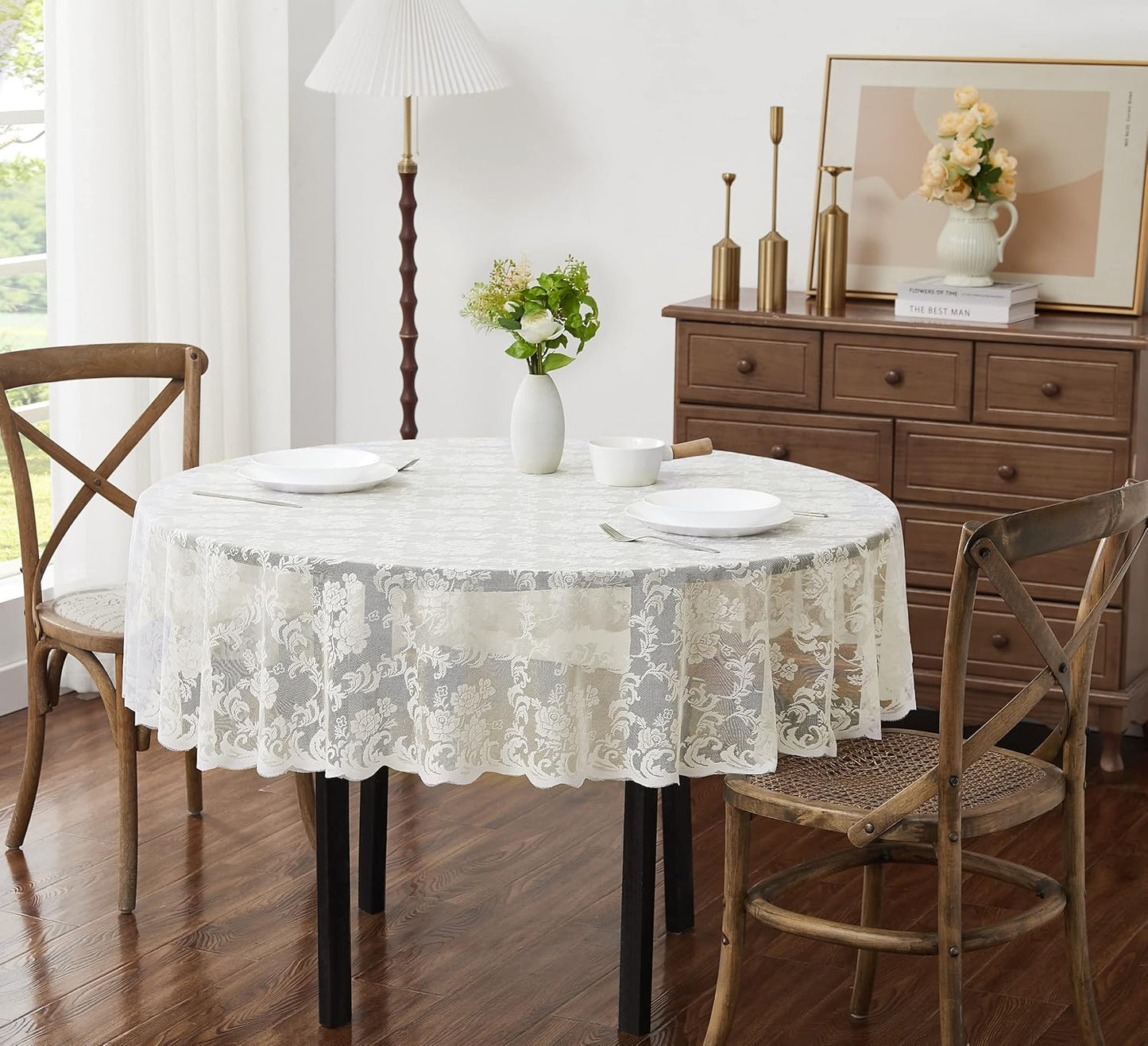 LinenZone Extra Large Ivory Round Tablecloth for Rustic Vintage Decor. Sheer Lace Table Cloth Works Great As Wedding Tablecloth or Thanksgiving Table Cover. (Mia 132 Round, Ivory)