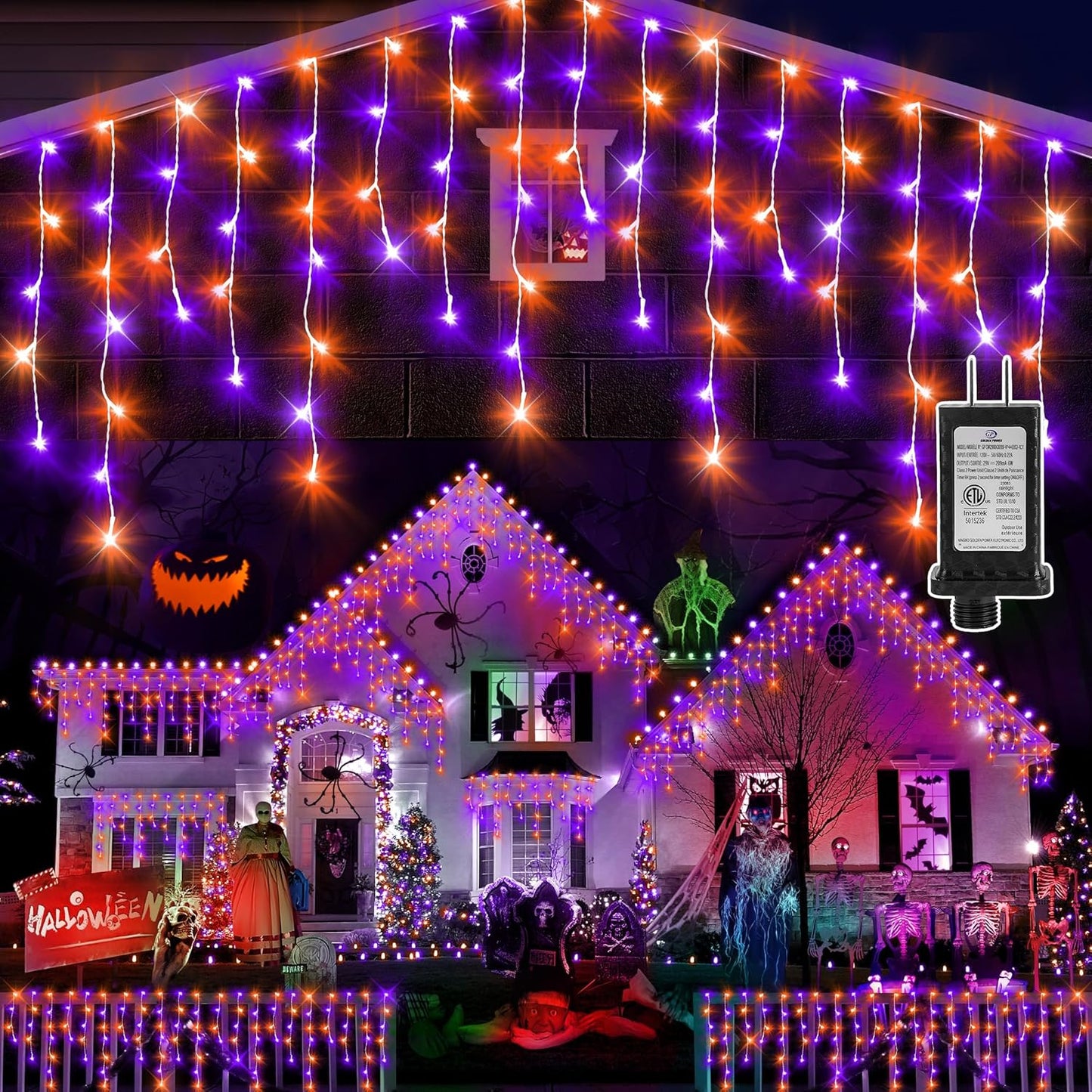 KNONEW Orange Purple Halloween Lights 33FT 400 LED String Lights Outdoor with 75 Drops, 8 Lighting Modes, Timer Memory Function Connectable Hanging Curtain Lights for Halloween Party Decor