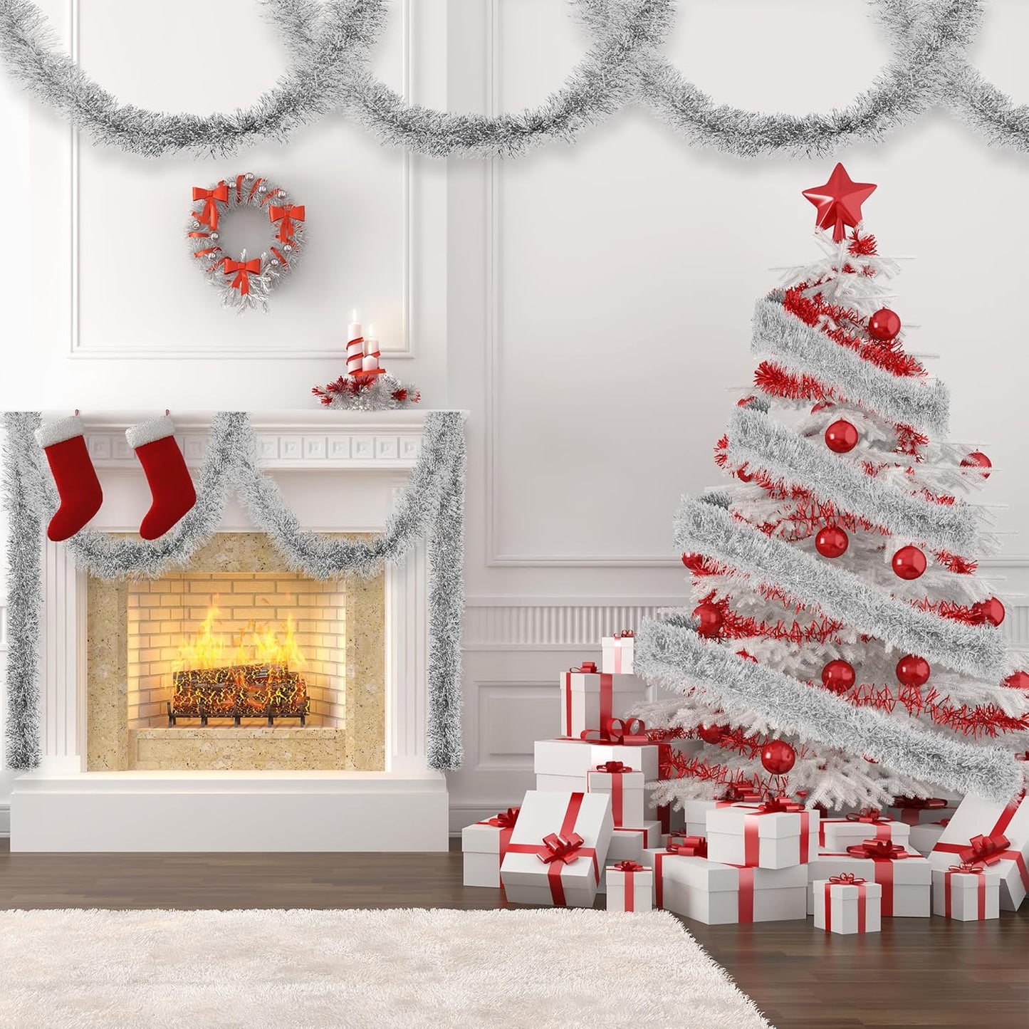 32.8 Ft Silver Christmas Tinsel Garland Metallic Shiny Tassle Banner Wall Hanging Tinsel Streamers Backdrop for Christmas Holiday Birthday Supplies Indoor Outdoor Ornaments Home Decor