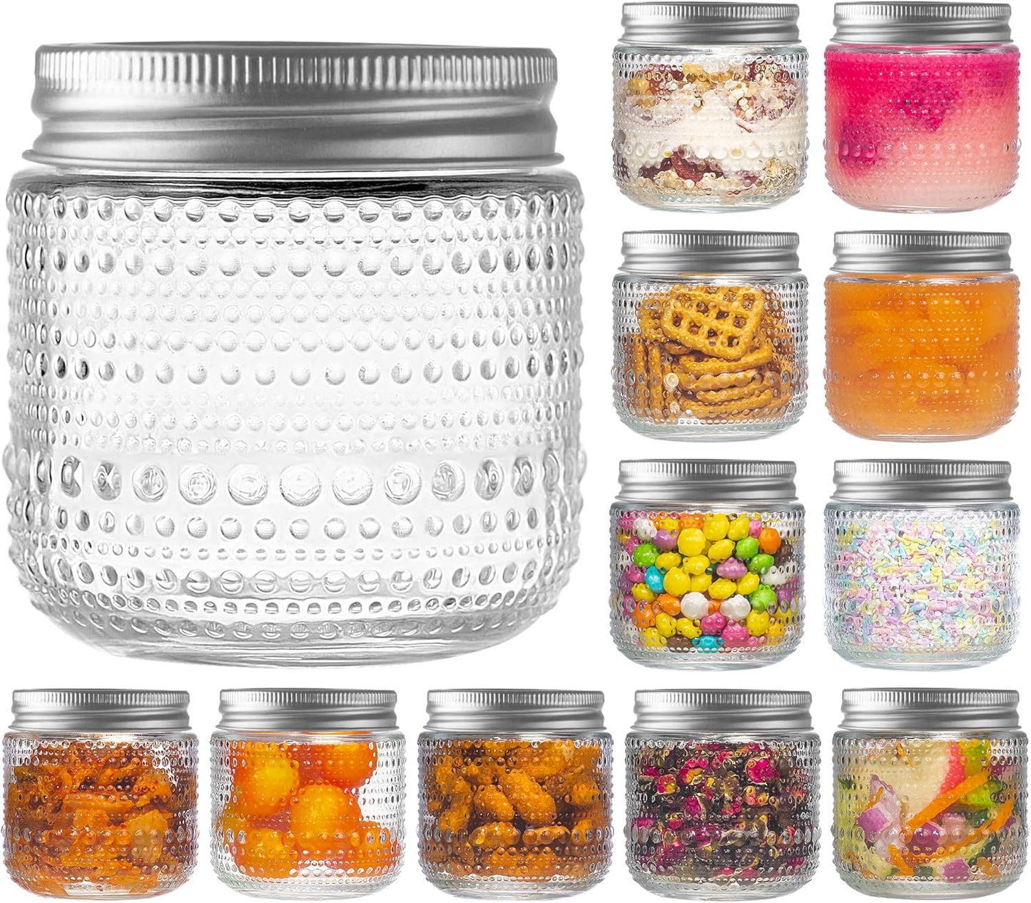 Mason Jars 8 Oz with Lids 12 Packs, Vintage Small Glass Canning Jars with Silver Metal Lids for Storing, Pickling, Honey, Jam, Home Decor, Candle and DIY Crafts