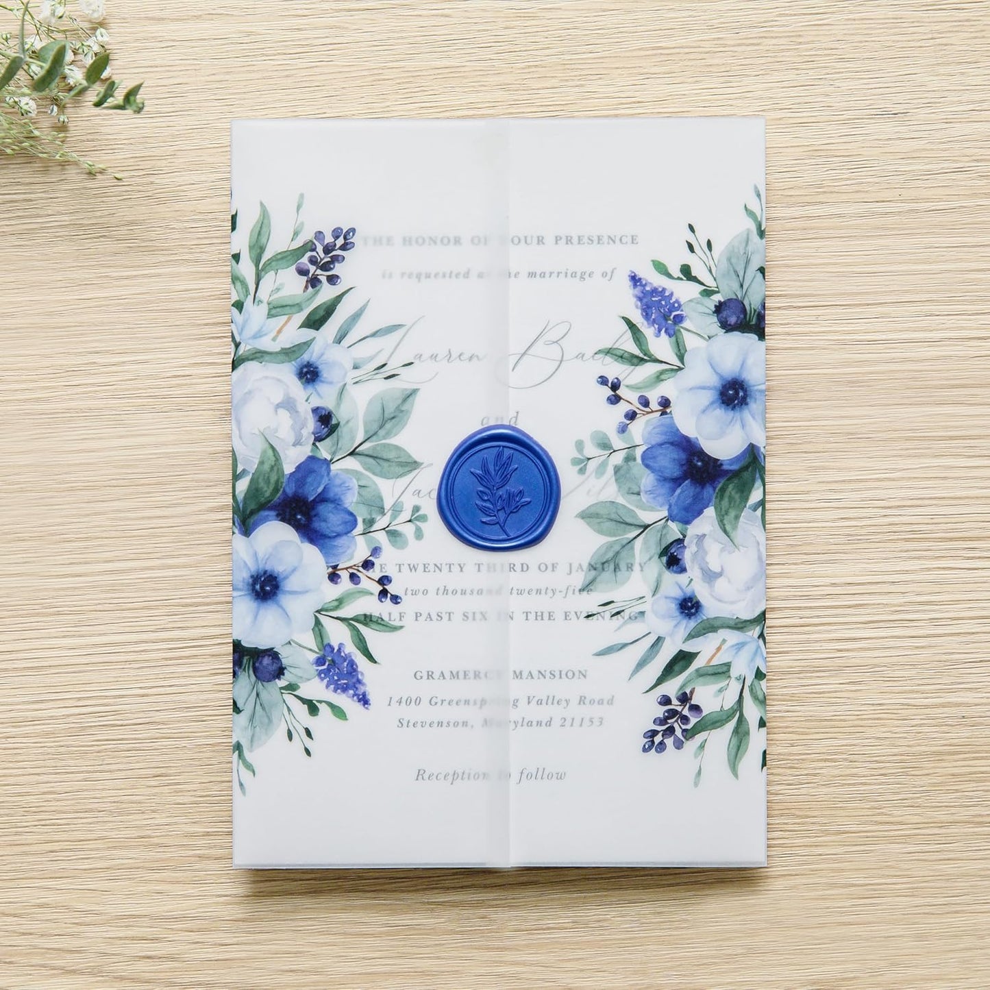 PONATIA 50 PCS Vellum Jackets for 5x7 Invitation Cards - 135GSM Royal Blue Flowers Vellum Sleeves, Transparent Gift Card Jackets