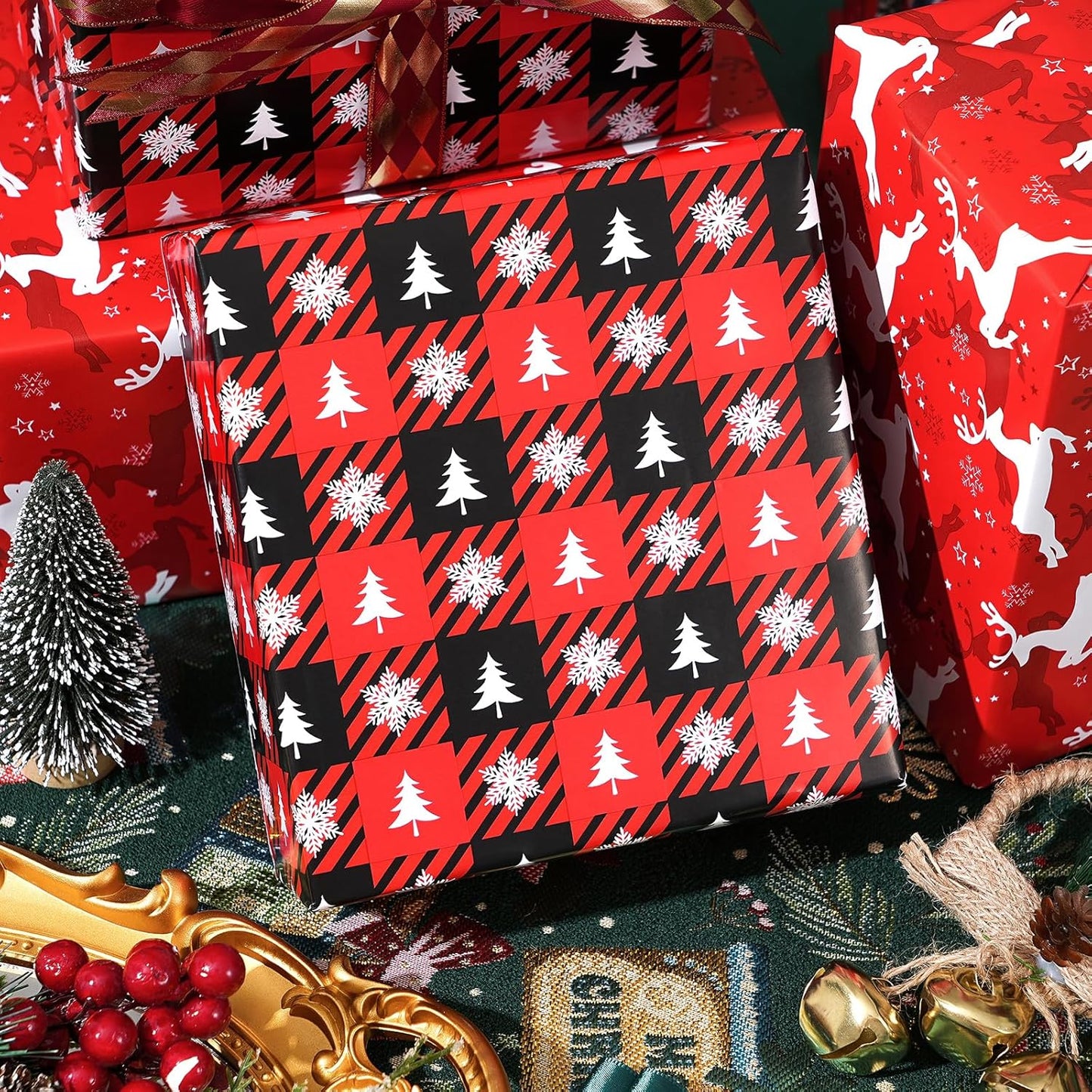 Ulmasinn Reversible Christmas Wrapping Paper Roll - 17" x33ft Double-Sided Designs with Red Nordic Reindeer & Geometric Snowflake, Xmas Gift Wrap for Presents, Table Decor & Crafting