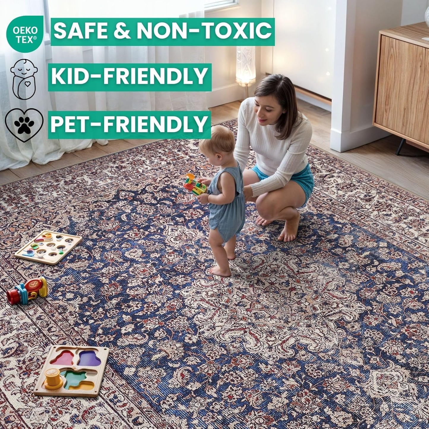 Bloom Rugs Washable Non-Slip 6' x 9' Rug - Dark Blue/Beige Traditional Medallion Area Rug for Living Room, Bedroom, Dining Room, and Kitchen - Exact Size: 6' x 9'