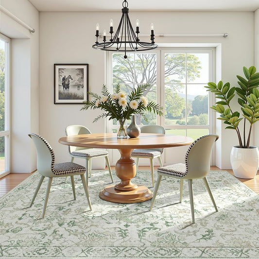 Light Green Area Rugs 5x8 for Living Room, Washable Vintage Rugs for Bedroom, Non Slip Throw Carpet for Bedroom Dining