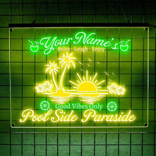 Personalized Pool Side Paradise Neon Sign, Custom Name LED Light, Tropical Sunset Design, Backyard Patio Bar Decor, Gift for Outdoor Lovers