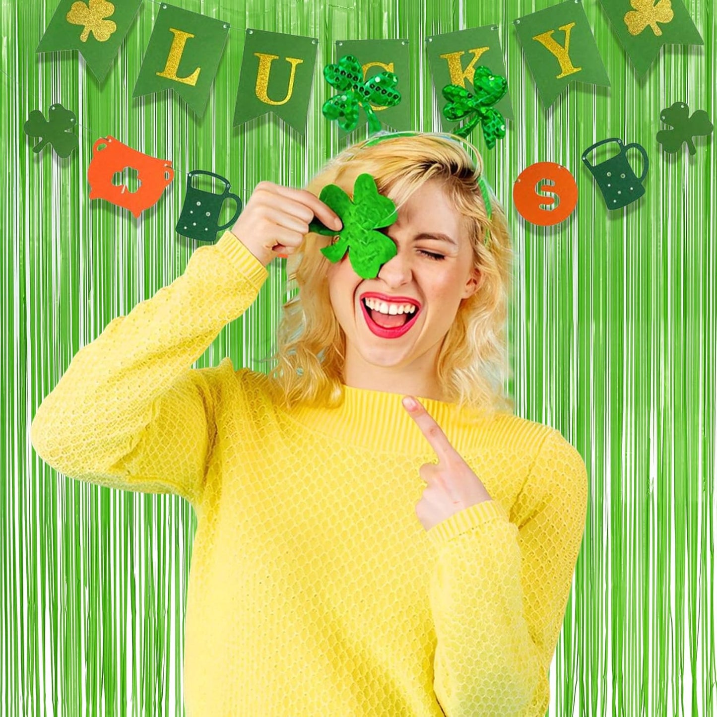 Lime Green Streamers Party Backdrop - GREATRIL Tinsel Curtain for St Patrick's Day/Frog/Wizard - 3.2ft X 8.2ft - 2 Packs