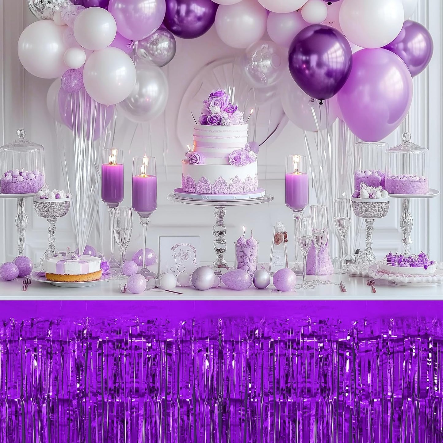 2 Pack Dark Purple Table Skirts, 29x108" Metallic Foil Tinsel Fringe Table Skirts for Rectangle Tables Streamer Curtains Backdrop, Party Decorations for Birthdays Weddings Holidays