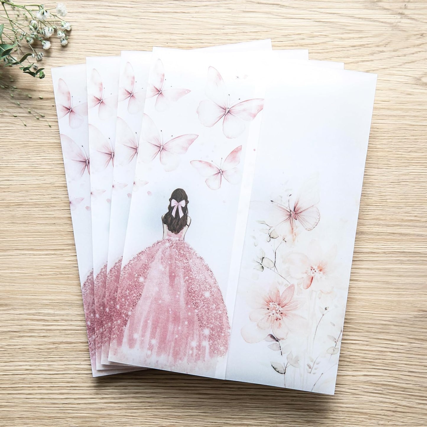 PONATIA 50 PCS Vellum Jackets for 5x7 Invitations - 135GSM Pink Girl Vellum Jacket Sleeves - Butterfly Quinceanera Invitations Wraps for XV Anos