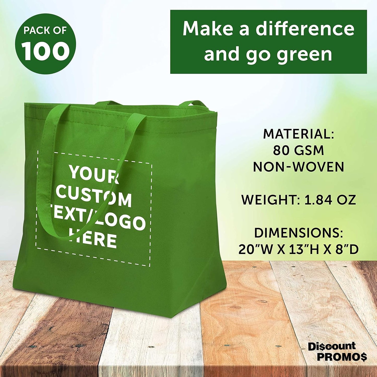 DISCOUNT PROMOS Custom Southern Style Grocery Tote Bags Set of 100 - Personalized Bulk Pack, Reusable Grocery & Shopping Bags - For Travel, Business Promotions - Lime Green - 20"X13"X8"