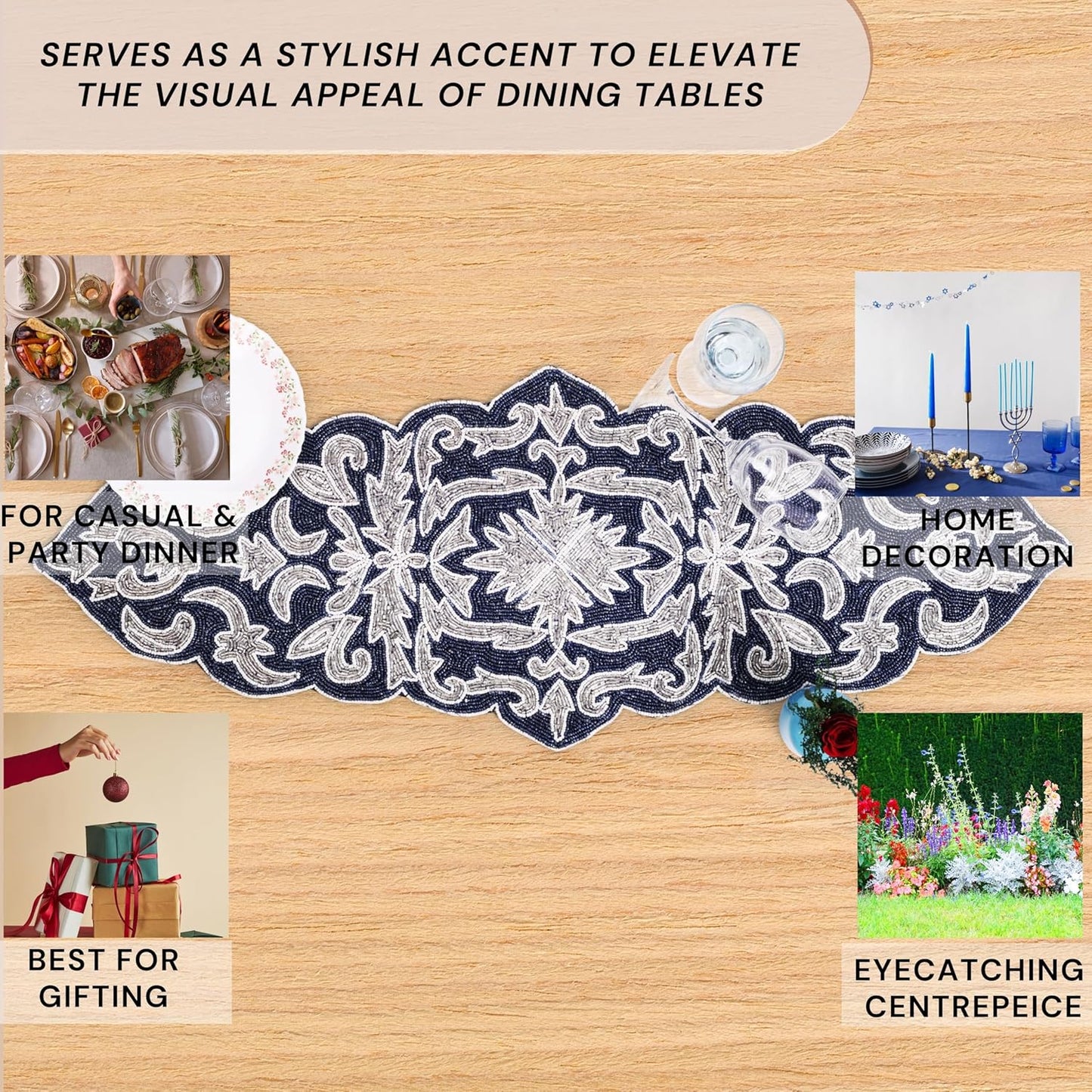 Decorative Beaded Table Runner - 36" Glass Beads & Polyester Table Runner Ideal for Dining, Décor, Luxury Table Centerpiece for Weddings, Holidays & Modern Home Accents (Blue Silver) - CLEENTABLE