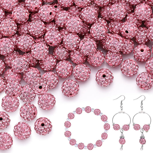 200pcs 10mm Pink Rhinestone Beads for Jewelry Making, Shiny Round Shamballa Disco Ball Beads Bulk, Sparkle Crystal Clay Christmas for Bracelet Baseball Necklace Earring Crafting and DIY