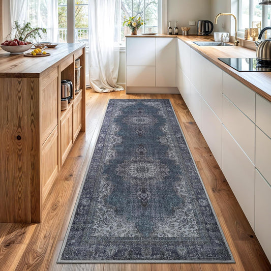 Bloom Rugs Washable Non-Slip 7 ft Runner - Dark Teal Traditional Medallion Runner for Entryway, Hallway, Bathroom, and Kitchen - Exact Size: 2.5' x 7'