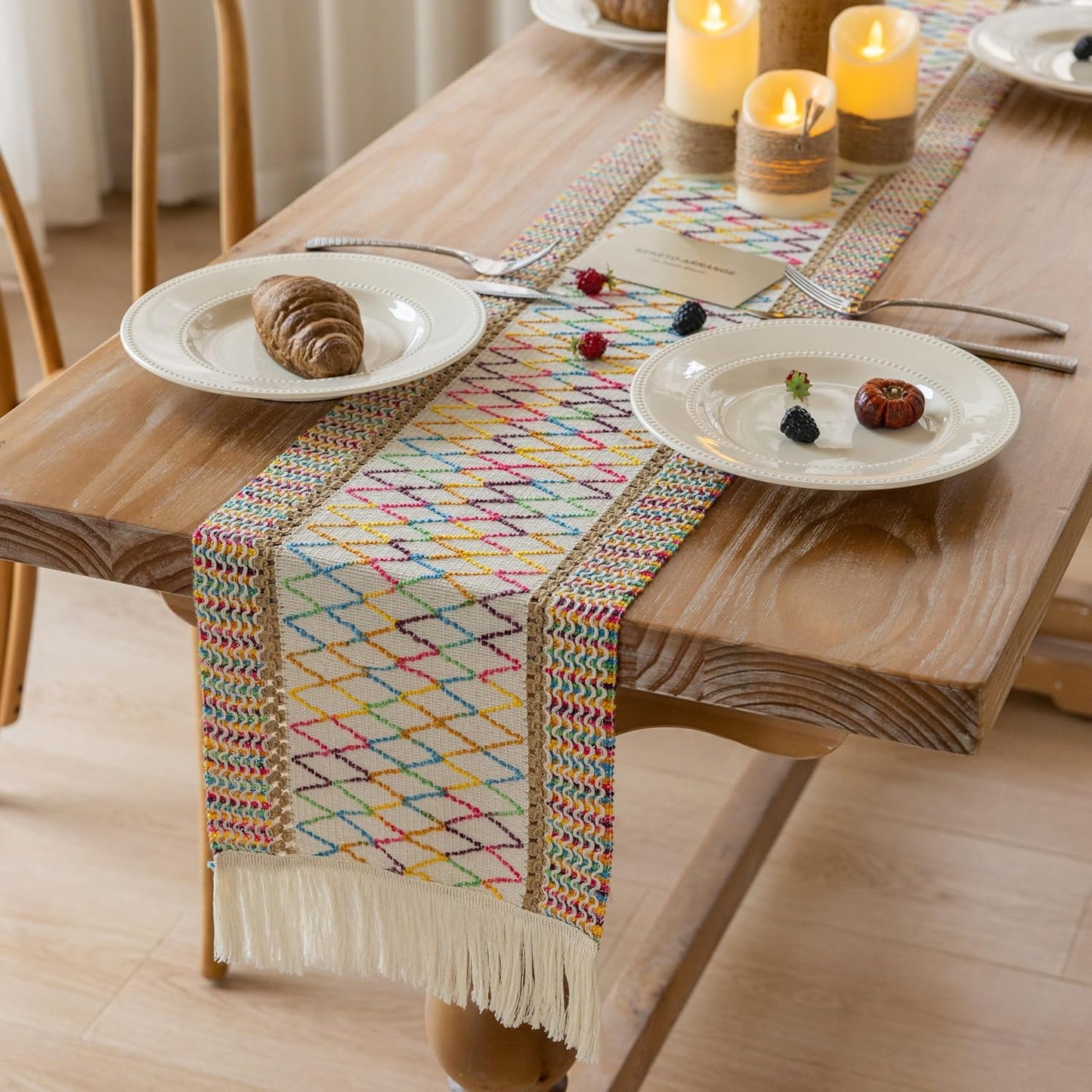 Boho Table Runner Colorful for Home Decor 12x90 Inches Farmhouse Macrame Burlap Jute Rustic Dining Kitchen Centerpiece Bohemian Decor French Country Baby Bridal Shower Decorations