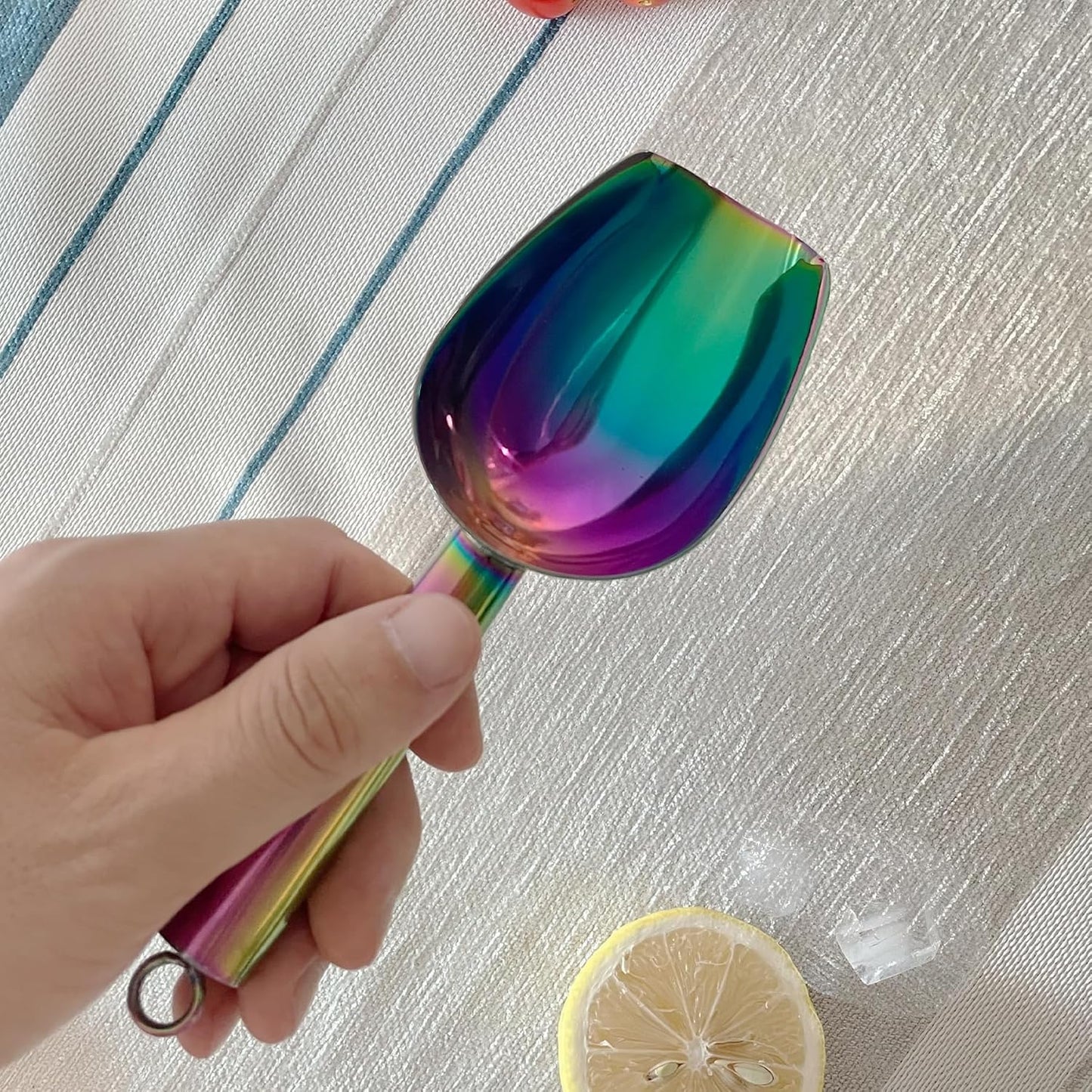Metal Ice Scoop 3 Oz, Small Stainless Steel Ice scooper for Ice Maker Ice Bucket Kitchen Freezer Bar Party Wedding, Multipurpose for Coffee Bean,Flour Scoop,Dog Food Scoop (3 OZ-Rainbow)