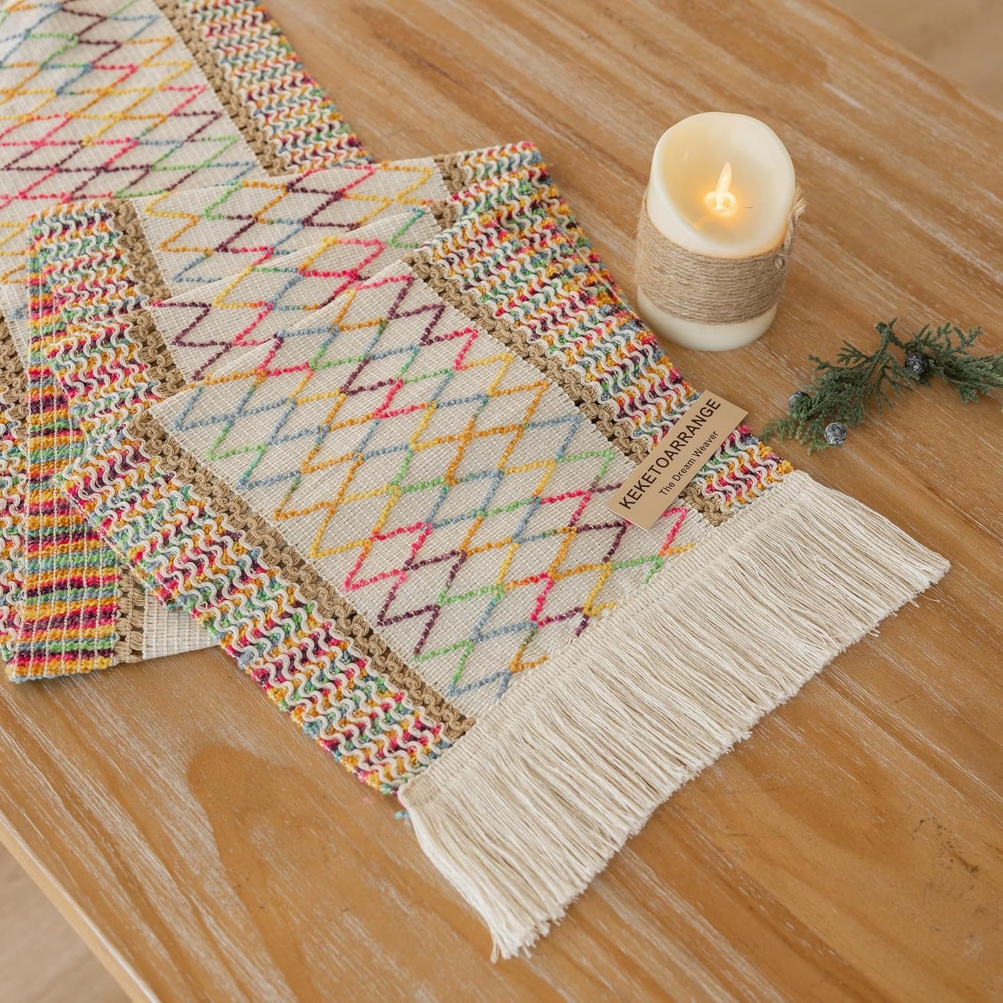 Keketo Boho Table Runner Colorful for Home Decor 12x72 Inches Farmhouse Macrame Burlap Jute Rustic Dining Kitchen Centerpiece Bohemian Decor French Country Baby Bridal Shower Decorations