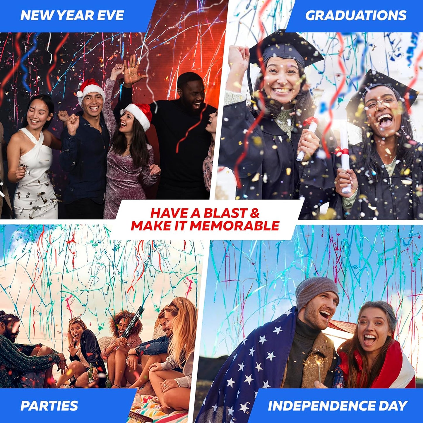 16" America Streamers Cannon [6 Pack] Red White & Blue Streamer Poppers No Mess, Biodegradable Streamer Paper, No Mess Confetti Poppers, Independence Day/July 4th, Conventions, Loud, Shoot Up to 40ft