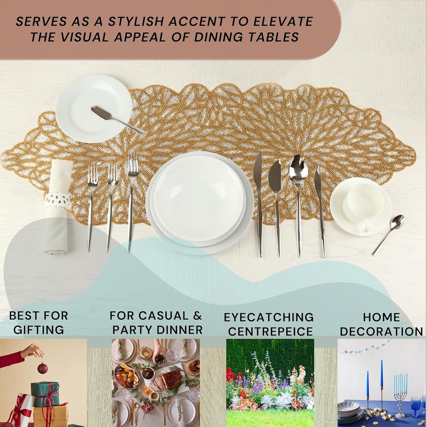 Metallic Bead Table Runner 13x36 Inches - Glass Beaded & Polyester Handcrafted Nautical Decor for Weddings, Christmas & Home Gatherings - Stain Resistant Dining Décor Accent (Gold) - CLEENTABLE