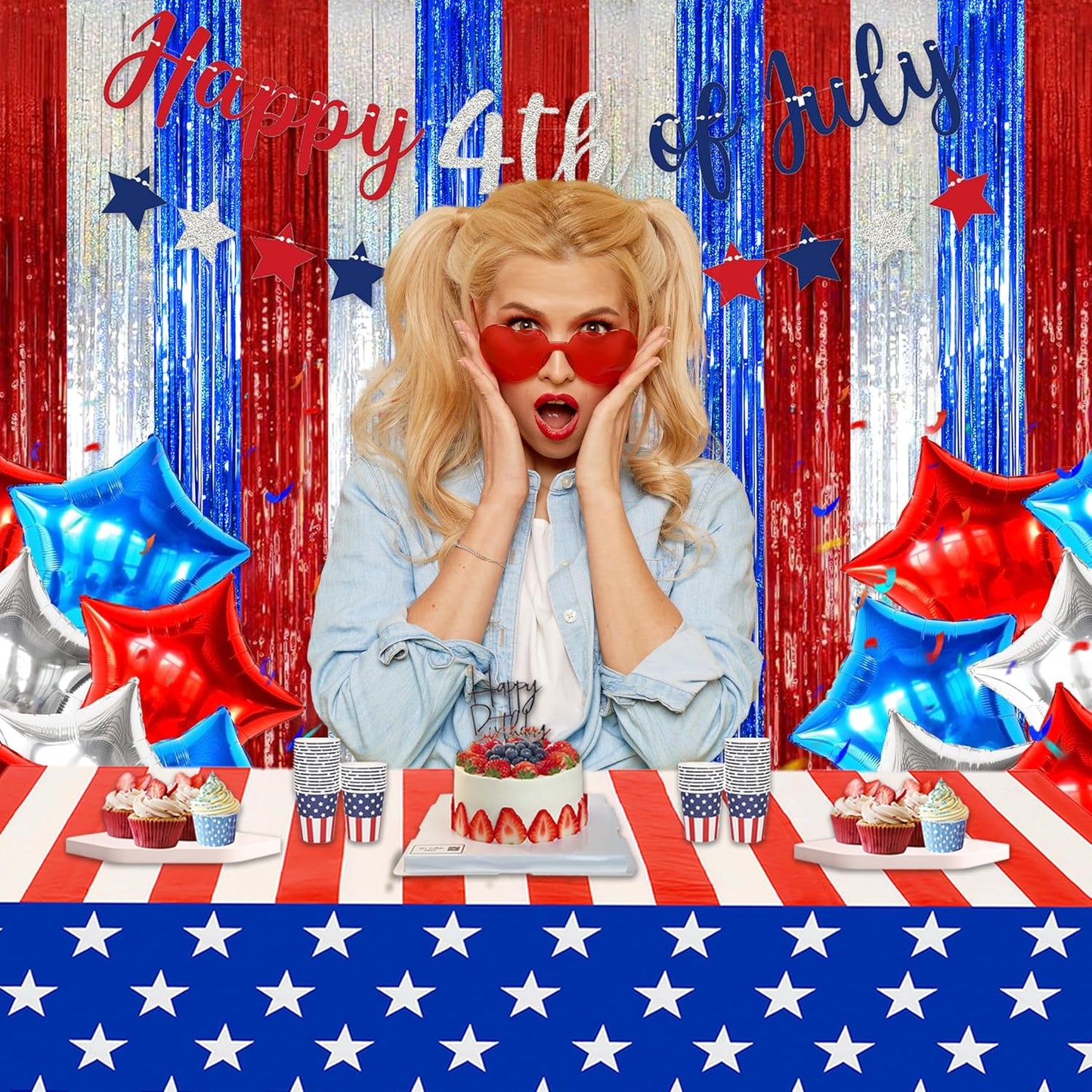 Melsan 2 Pack Red Tinsel Foil Fringe Curtains Backdrop, Sparkle Tinsel Backdrop Curtains for Fourth of July Patriotic Birthday Party Decorations