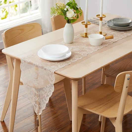 LinenZone Linen Table Runner with 2 Tassels for Rustic Vintage Decor. Lace Table Runner Works Great As Wedding, Thanksgiving, Christmas Decor (Mia 14 x 36, Linen)