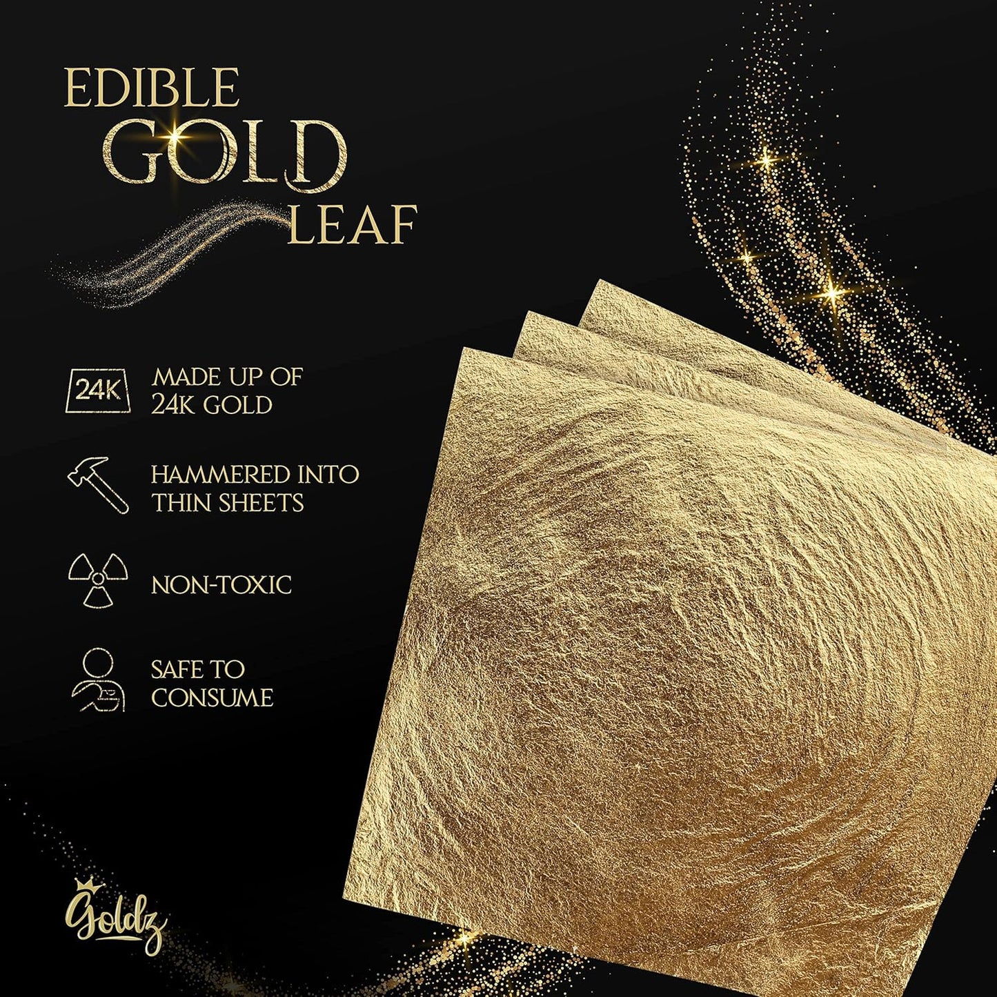 goldz: Edible 99.99% Gold Leaf, Genuine Gold Leaf, 24 Karat Edible gold Sheets. Genuine for Cooking, Art, Food, Steak, Desert, Facial.