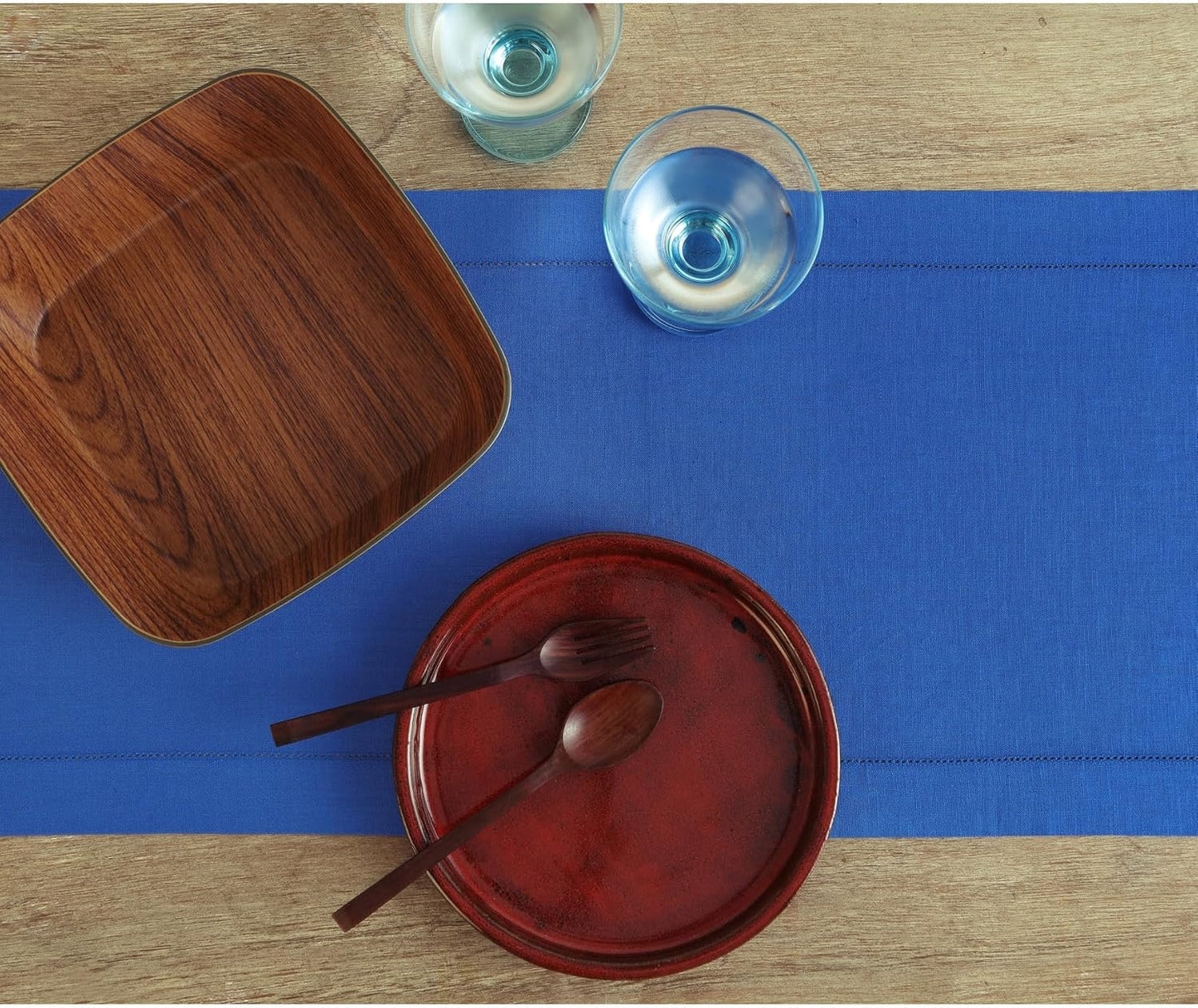 Solino Home Linen Royal Blue Table Runner 132 Inches Long - 100% Pure Linen Extra Long Table Runner 14 x 132 Inch - Classic Hemstitch