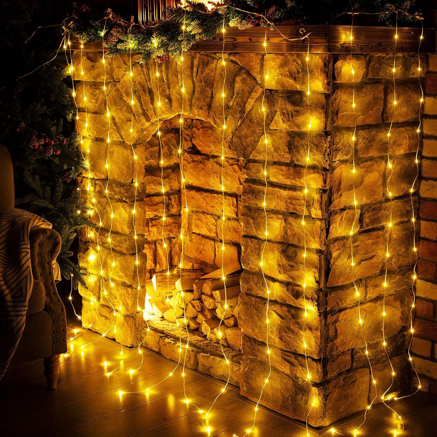 Curtain Window String Lights 6.5 x 5 Feet LED Copper Tapestry Backdrop Twinkle Fairy Lights Battery Operated 8 Modes Lights Remote Control USB Powered Light Above Bed for Wedding Party