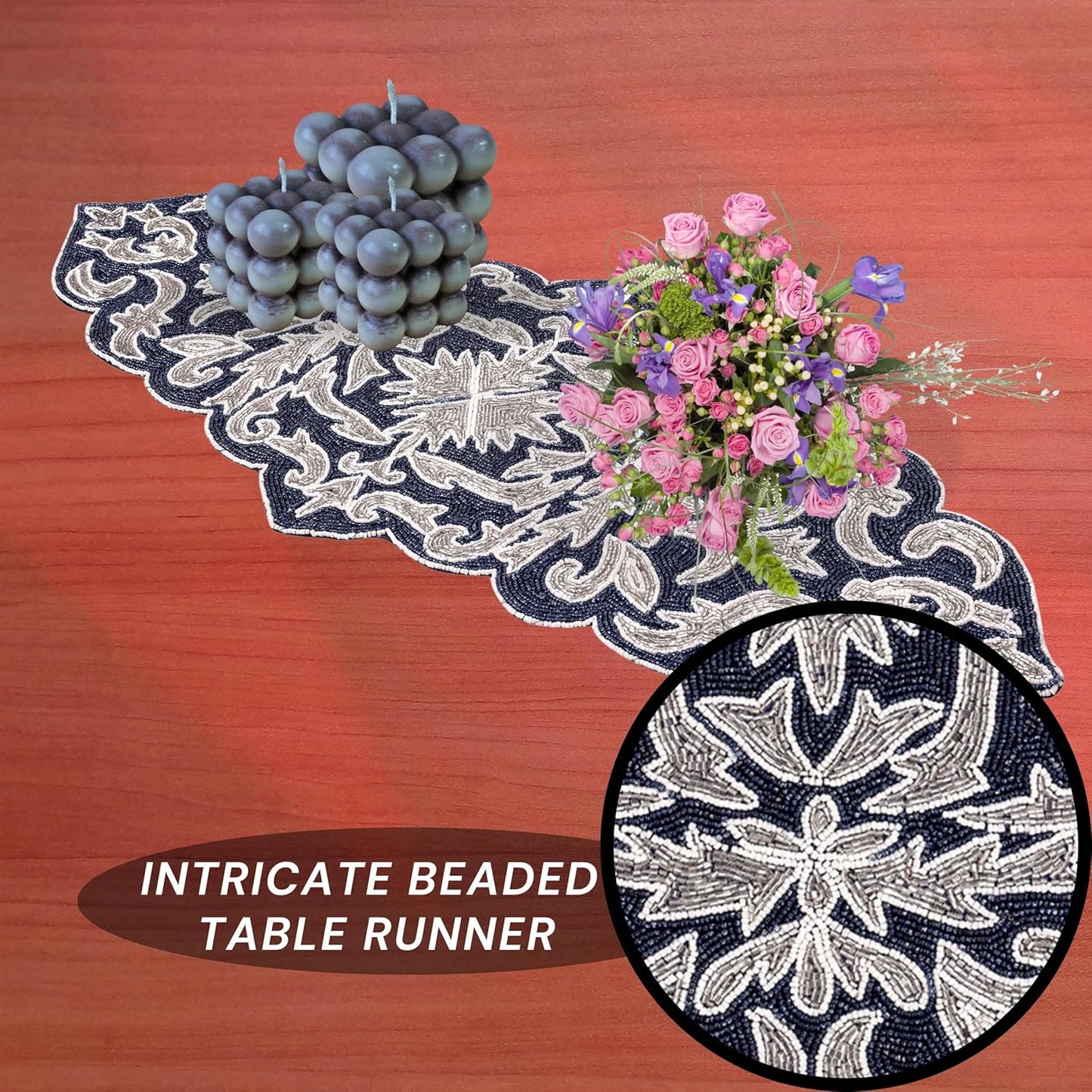 Decorative Beaded Table Runner - 36" Glass Beads & Polyester Table Runner Ideal for Dining, Décor, Luxury Table Centerpiece for Weddings, Holidays & Modern Home Accents (Blue Silver) - CLEENTABLE