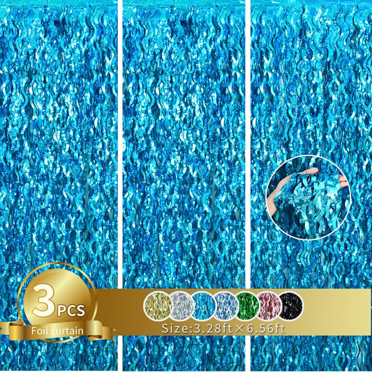 TONIFUL 3Pcs Wavy Metallic Tinsel Foil Fringe Curtains Teal Blue Streamer Backdrop for Photo Booth Props,Party Door Wall Curtains,Bachelorette,Underwater World Birthday Party Decor (9.9ft x 6.6ft)
