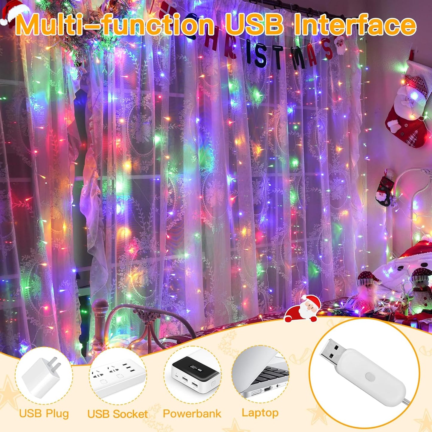 Ollny Curtain Lights 200LED 6.6x6.6ft, USB Multicolor Christmas Curtain Lights with Remote 8 Modes Timer, Waterproof String Lights for Bedroom Backdrop Window Indoor Outdoor