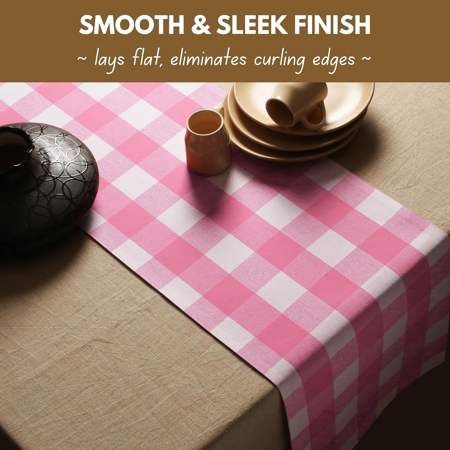 Native Fab Table Runner Buffalo Check Plaid 100% Cotton - 13x108 Inches Kitchen Dining Table Decoration for Indoor Outdoor Farmhouse Home Party Decor - Pink and White