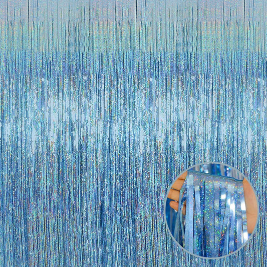 4p Pack Sky Blue Tinsel Foil Fringe Curtain Backdrop, 3.28Ft x 8.2Ft Metallic Streamers for Photo Booth Props Wedding Bridal Shower Bachelorette Birthday Christmas Party Decoration