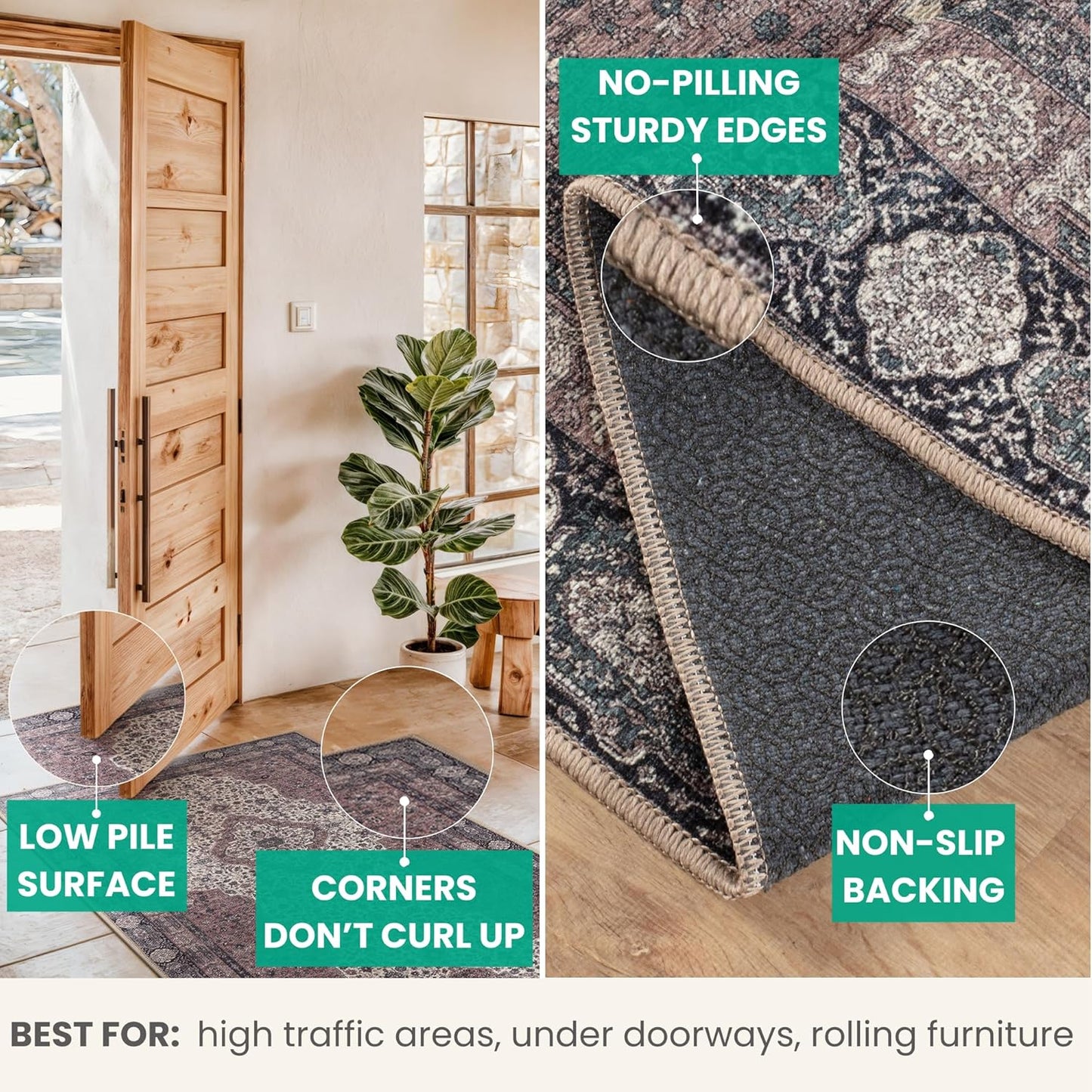 Bloom Rugs Washable Non-Slip 12 ft Runner - Cream/Green Traditional Medallion Runner for Entryway, Hallway, Bathroom, and Kitchen - Exact Size: 2.5' x 12'