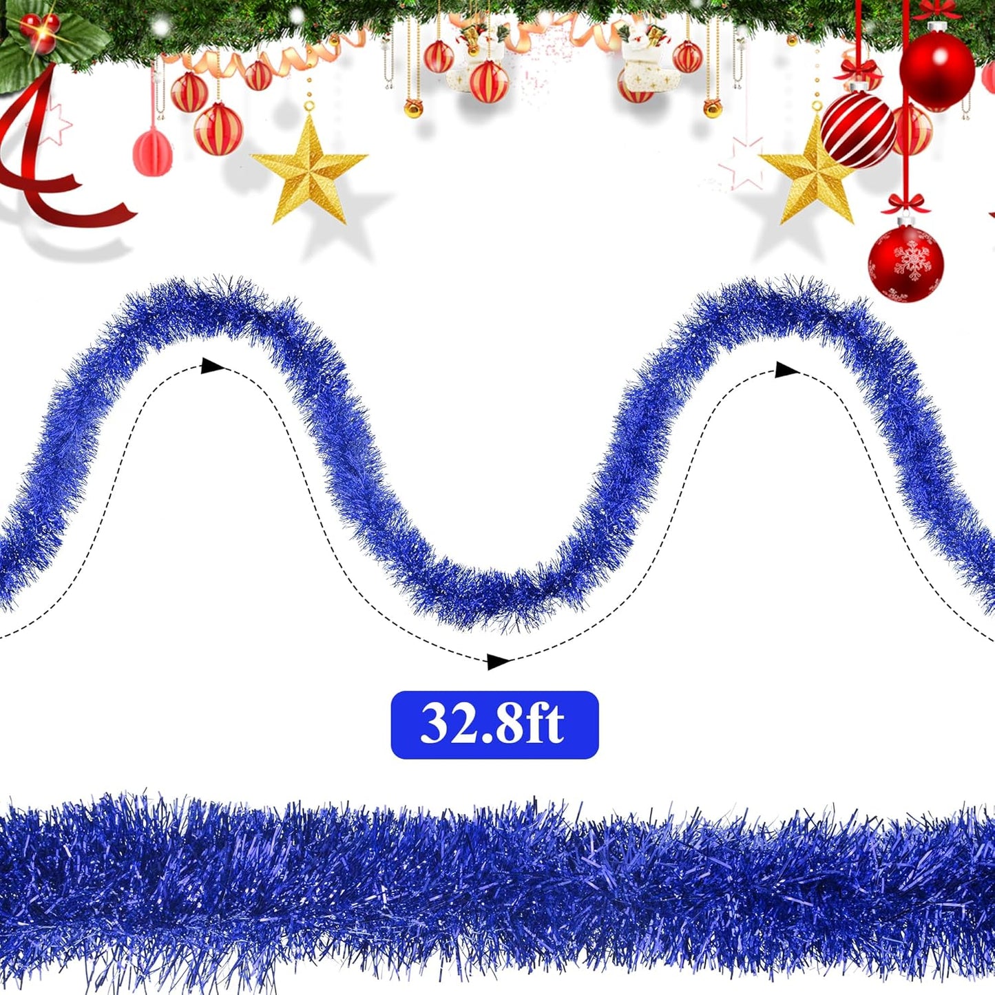 32.8 Ft Blue Christmas Tinsel Garland Metallic Shiny Tassle Banner Wall Hanging Tinsel Streamers Backdrop for Christmas Holiday Birthday Party Supplies Indoor Outdoor Ornaments Home Decor