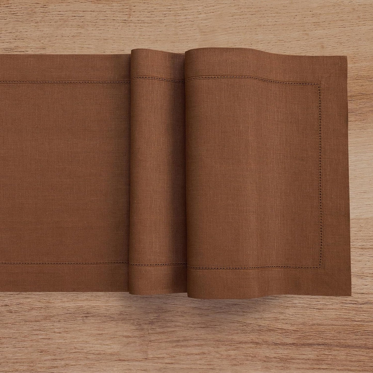 Solino Home Linen Brown Table Runner 48 Inches - Classic Hemstitch, 100% Pure Linen Coffee Table Runner 14 x 48 Inch Ideal for Dresser Tables, Fall, Autumn, Thanksgiving