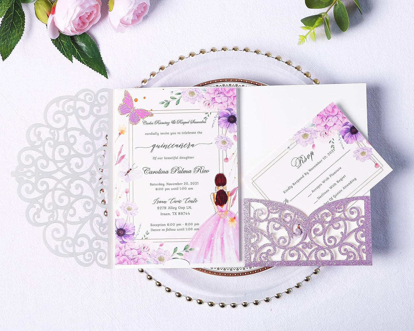 PONATIA 20 PCS Laser Cut Wedding Invitations Pockets with Envelopes for Wedding Party Bridal Shower Engagement Birthday Invite (Purple Glitter)