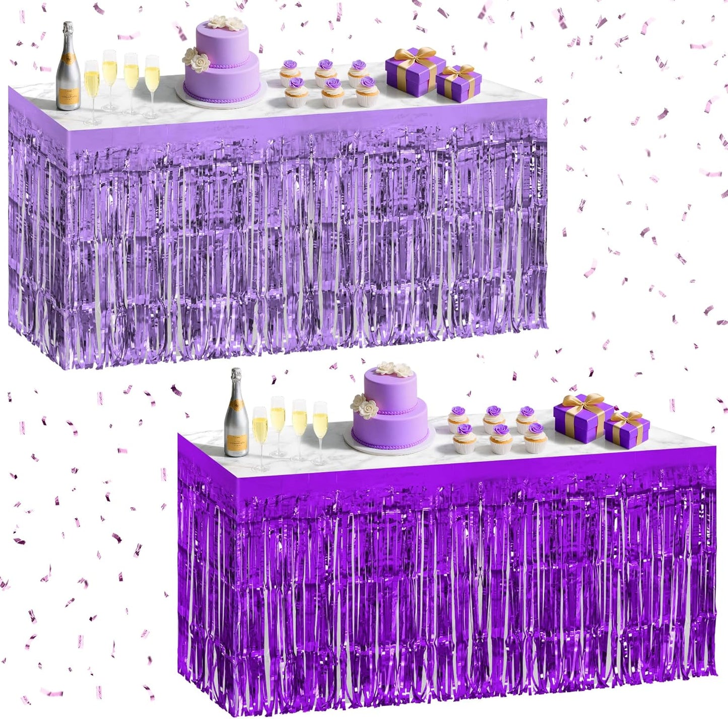 2 Pack Light Purple Dark Purple Table Skirts, 29x108" Metallic Foil Tinsel Fringe Table Skirt for Rectangle Tables Streamer Curtains Backdrop, Party Decorations for Birthdays, Weddings, Holidays