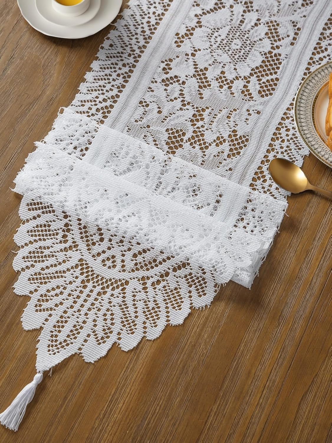 Jayla White Lace Table Runners, Elegant Vintage Lace Table Runner, Wedding Lace Decor with Floral Embroidery,Tea Party Decor, 13x72 Inch