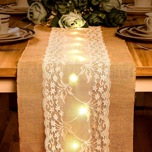 Burlap Table Runner with LED String Lights Rustic 12" x 108" Christmas Tablecloth Lighted Table Runner Farmhouse Decor for Wedding Bridal Shower Xmas Holiday