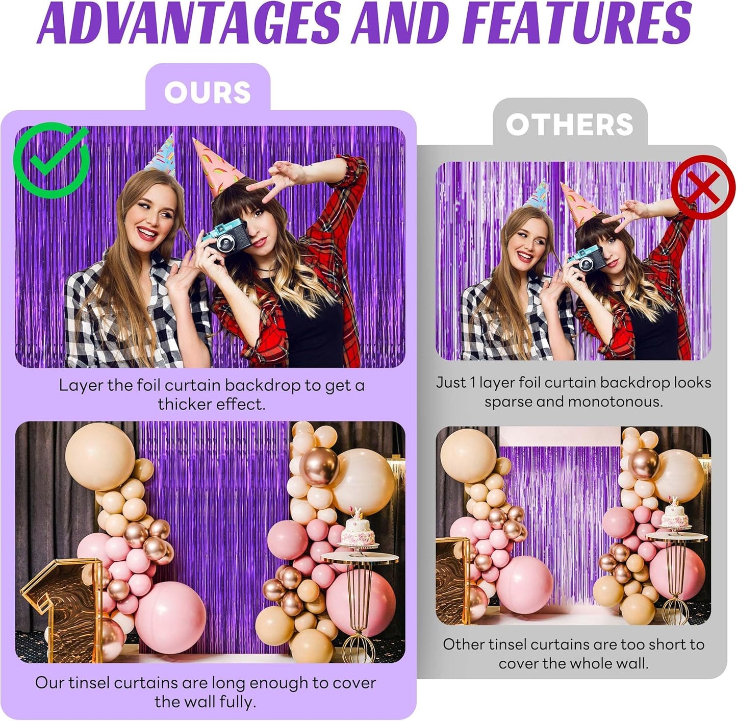 BTSD-home Purple Foil Fringe Curtain, Metallic Photo Booth Backdrop Tinsel Door Curtains for Wedding Birthday Bridal Shower Baby Shower Bachelorette Christmas Party Decorations(4 Pack, 8ft x 3ft)